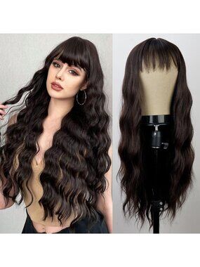 Women's Brown 26 Inch Natural Looking Synthetic Fiber Long Wavy Wigs Bangs